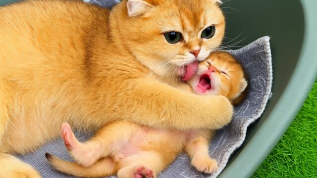 Mother cat hugs premature kitten so tightly that he starts meowing. Subtitles!