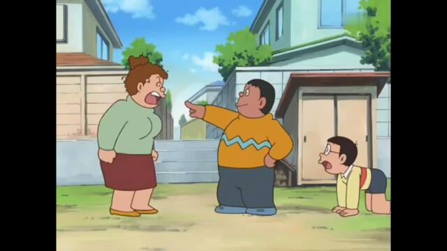 ドラえもんのたけしはお母さんの髪型を引っ張ったことで罰せられ、お尻を叩かれる