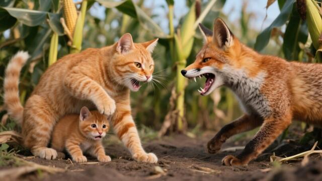 Mama Cat Faces the Fierce Fox to Protect Her Kitten, Mother's Love is the Greatest!
