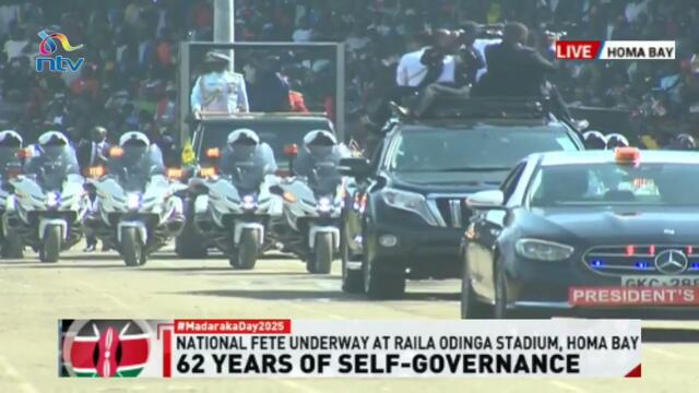 President Ruto arrives at the Raila Odinga Stadium in Homa Bay for Madaraka Day celebrations