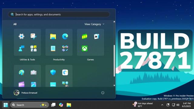 New Windows 11 Build 27871 – New Taskbar Icons, New Start Improvements, Settings and Fixes (Canary)