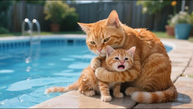 Kitten Falls Into the Swimming Pool, Mama Cat Rushes to Save Her ❤️ #cat #cute