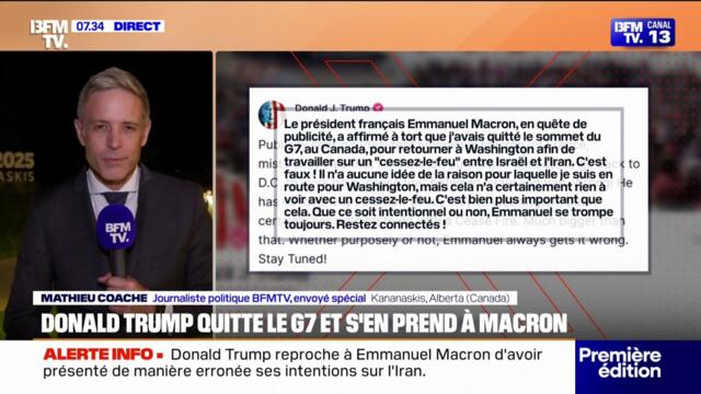 "Emmanuel [Macron] se trompe toujours": Donald Trump dément avoir quitté le G7 pour travailler sur un cessez-le-feu entre Israël et l'Iran