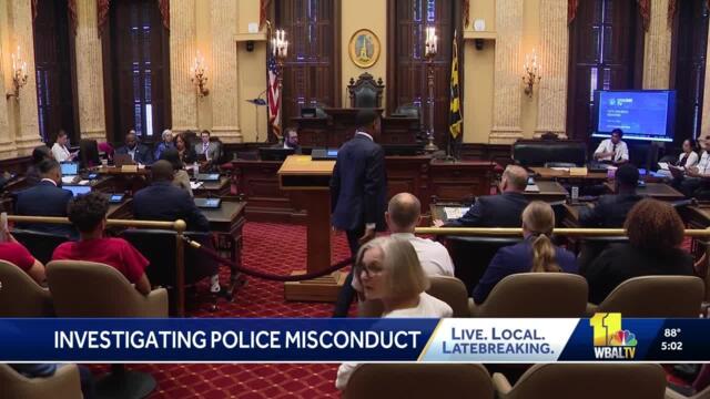 Public share voices during police accountability hearing in Baltimore