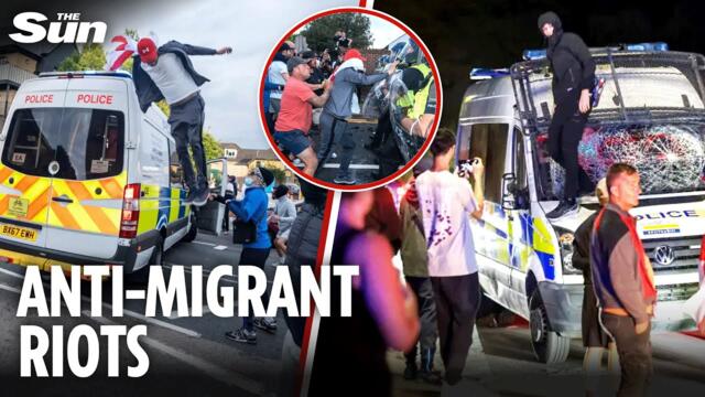 Angry mob ATTACK police van at anti-migrant riots after girl ‘sexually assaulted’ in Essex