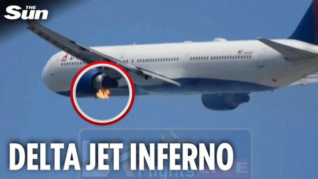 Terrifying moment Delta jet catches FIRE after take off in Los Angeles