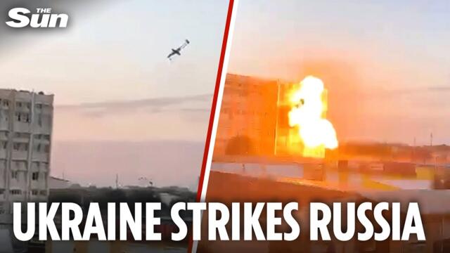 Moment Ukraine kamikaze drone strikes Russian military factory sparking huge fireball
