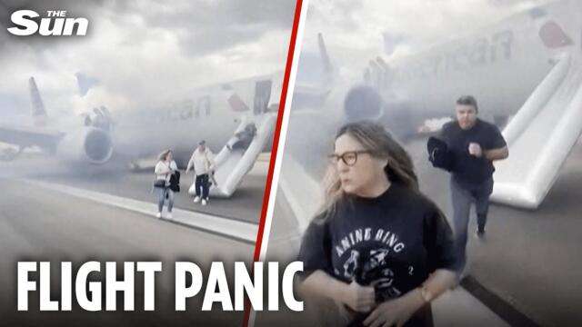 Moment terrified passengers flee plane engulfed in smoke after fault sparked fire