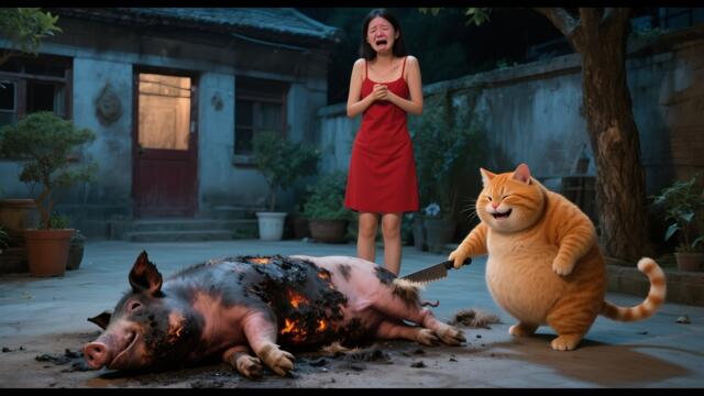 Insane! Girl rescued a pig, jealous cat poisoned & bombed it, roast pork feast in the end! #cat