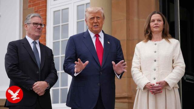 Donald Trump's speech drowned out by Scottish bagpipes as US president greets Keir Starmer
