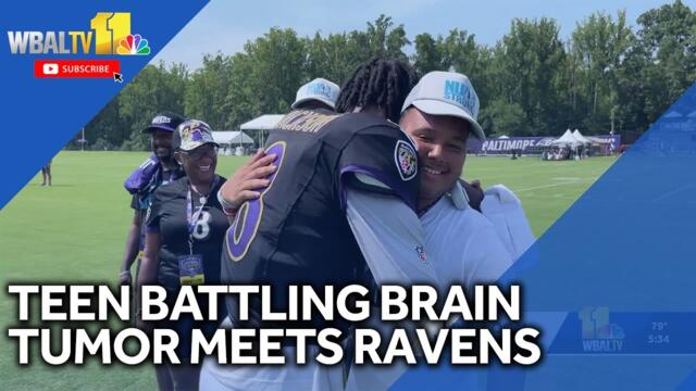 Teen battling brain tumors meets Ravens players at training camp