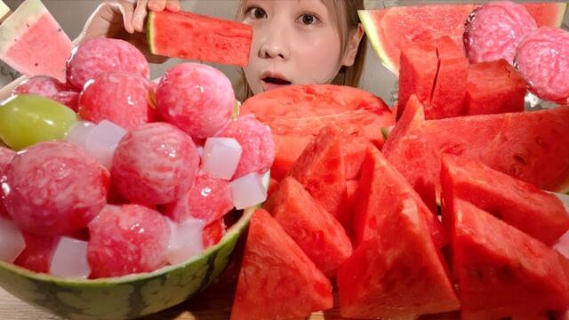 ASMR Watermelon, Condensed Milk Watermelon 【Mukbang/ Eating Sounds】【English subtitles】