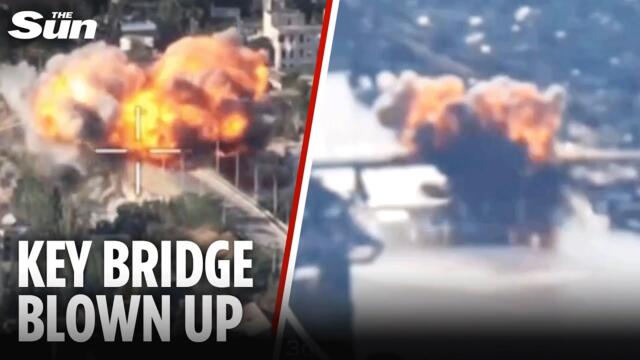 Moment Key Ukrainian bridge EXPLODES in flames after strike by Russian KAB bombs