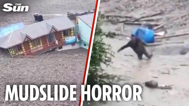 Brave man wades through mudslide after flash flood devastates village in India