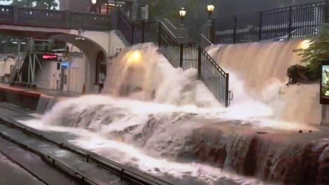 New York City is flooded, water is gushing out of the subway walls