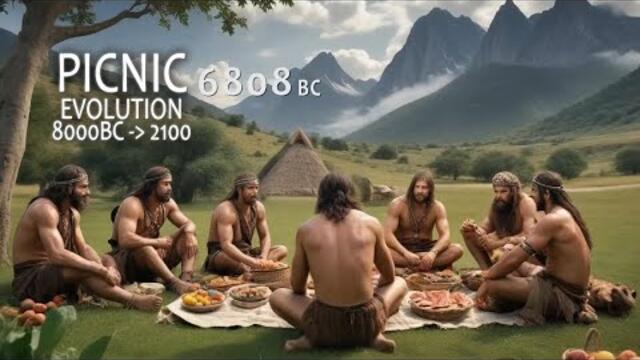 The Evolution the Picnic from 2000 BC to 2100 (4K video)