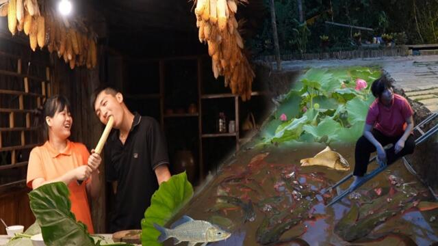 We released a large amount of fish into the lotus pond: Tuan hugged Thuy from behind.