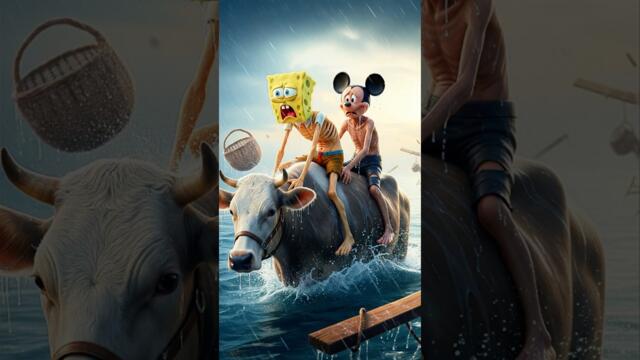 The cow save SpongeBob and Mickey Mouse from tsunami 🌊 #spongebob #mickeymouse #shorts
