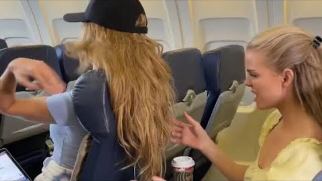 Two girls arguing in airplane