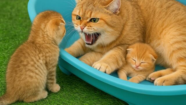 Pregnant cat takes care of newborn kittens, and hisses at others
