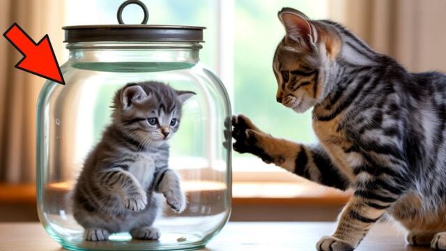 Котенок не мог вылезти из банки. Посмотри, что сделала мама-кошка. Это надо видеть!