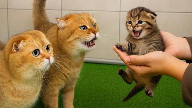 A mother cat meets her foster kitten for the first time. Unexpected hissing. Subtitles!