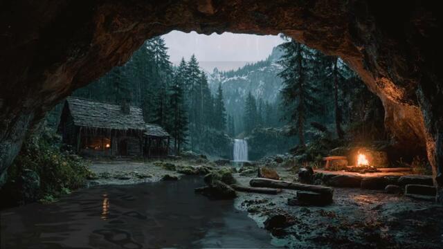 Relaxing Rain in Forest Cave | Waterfall View & Campfire Ambience for Deep Sleep & Study