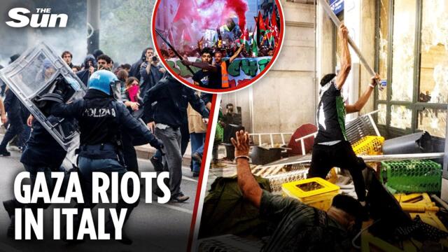 Rioters storm Milan station & attack police with metal bars as Meloni refuses to recognise Palestine