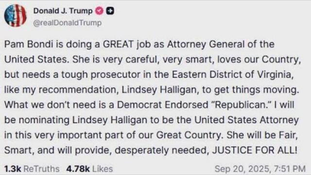 Trump berates AG, announces Eastern District of Virginia prosecutor nomination