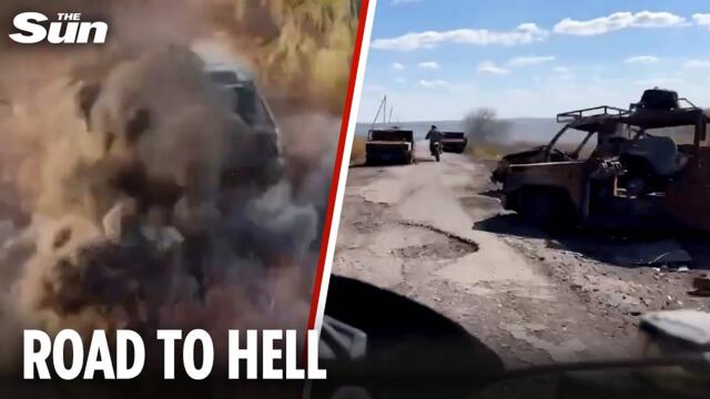 Miles of wrecked Russian tanks & trucks line road as Putin's forces pounded in Ukraine