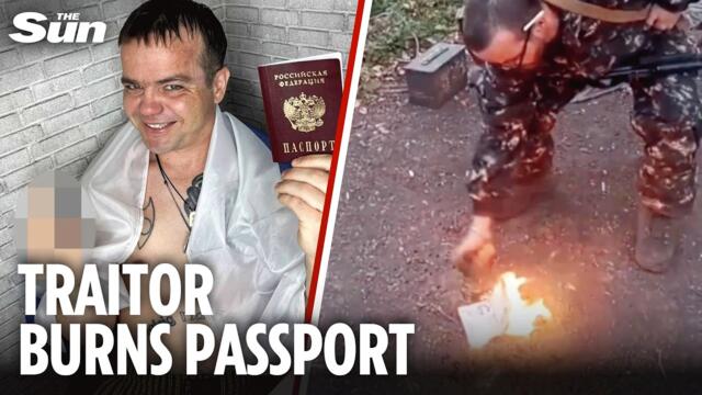 Moment Brit fighting for Putin shamelessly sets FIRE to UK passport in Ukraine