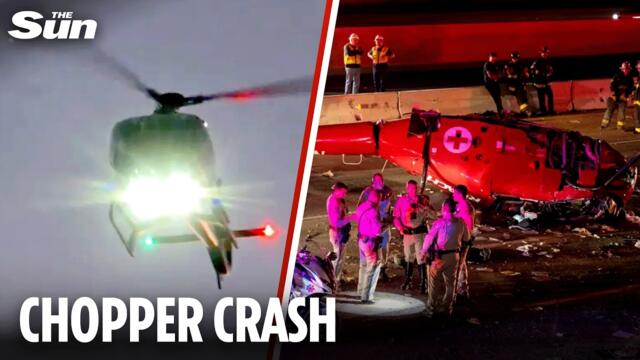 Moment helicopter CRASHES into California freeway next to terrified drivers