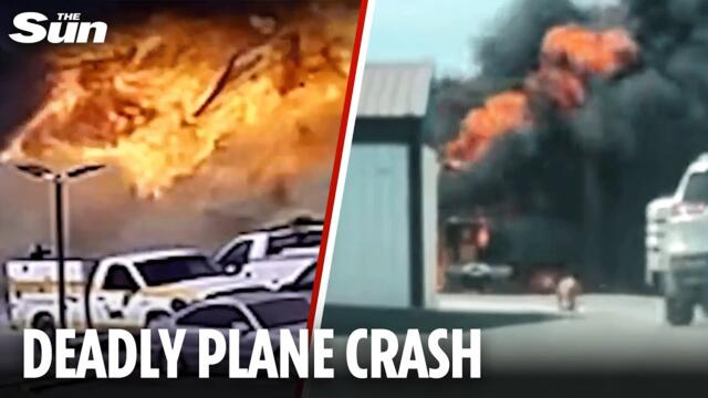 Terrifying moment plane PLUMMETS into Texas trucks in huge fireball