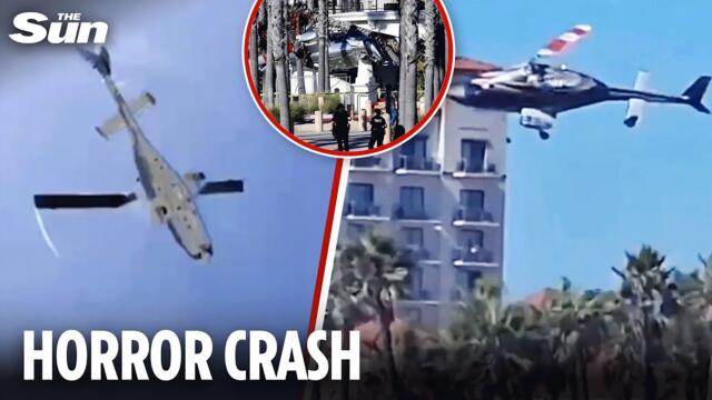 Moment helicopter spins out of control and crashes near California beach