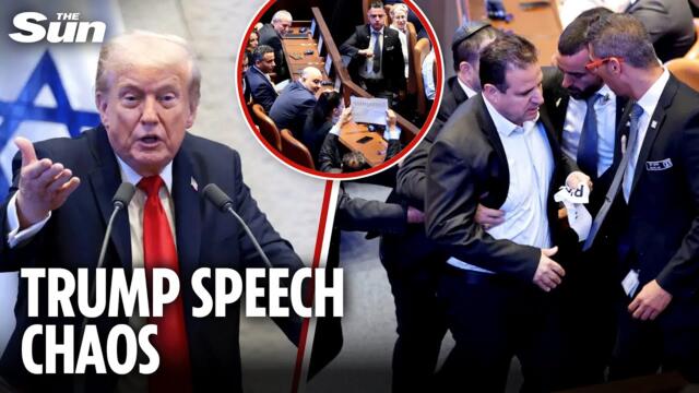 Angry left wing Israeli politician heckles Trump's Knesset speech as security drag him out