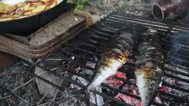 Скумрия на скара и пържени картофи по селски...