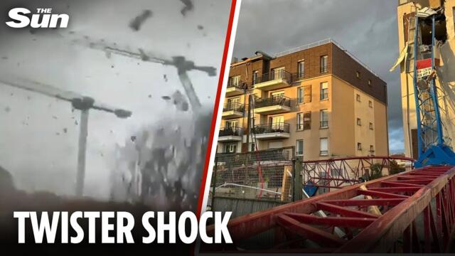 Moment huge tornado strikes Paris suburb destroying three cranes and leaving at least one dead