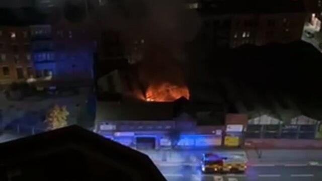 Firefighters dealing with ablaze next to the A61 Sheffield ring road at Shalesmoor in the early hours of October 17