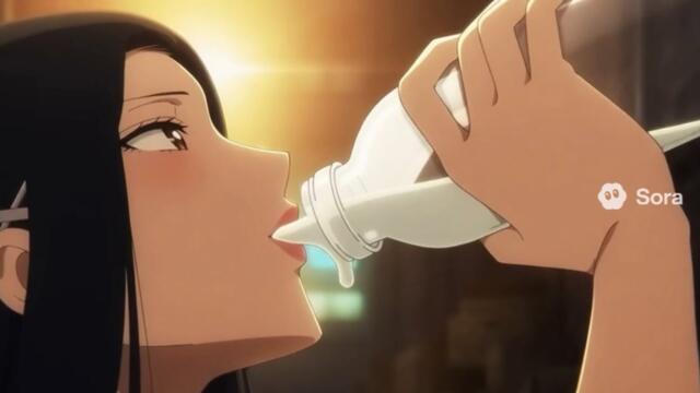 AIで悪女に生命エネルギーを瓶に搾り取られて飲み干される(アニメ風) sora2
