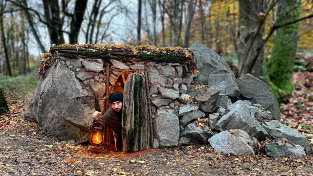 Building a Warm and Cozy Stone Shelter for Survival. Bushcraft, Survival, Dugout