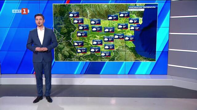 Максимални температури от 5 до 13 градуса в неделния ден, Прогноза за времето 30.11.2025