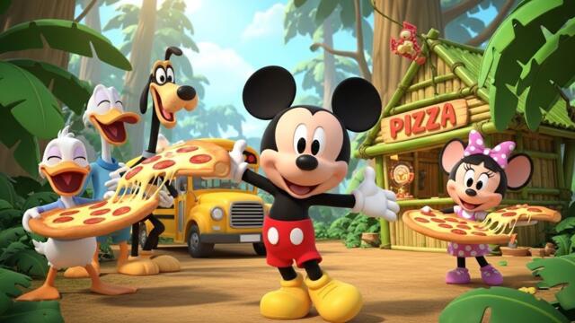 Mickey Mouse School Bus Ride to the Jungle Pizza Restaurant With Friends