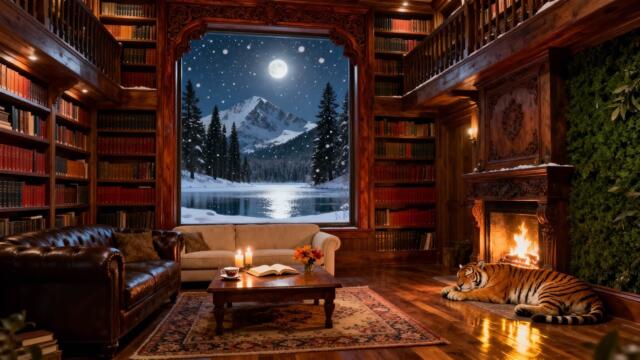 Красивая музыка в Волшебной Библиотеке 🎄 Камин, Снежная Ночь, Полнолуние