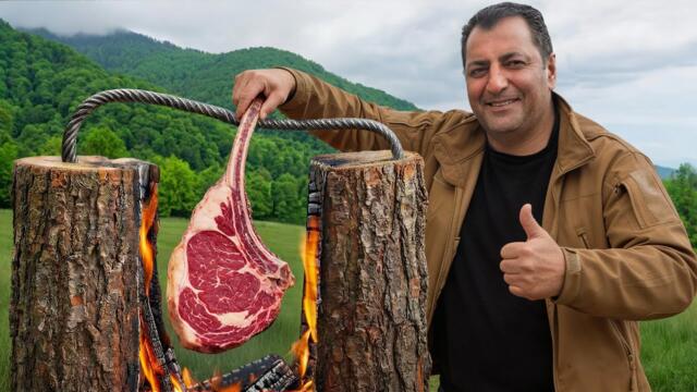 Cooking Juicy Steaks Between Logs For A Delicious Feast