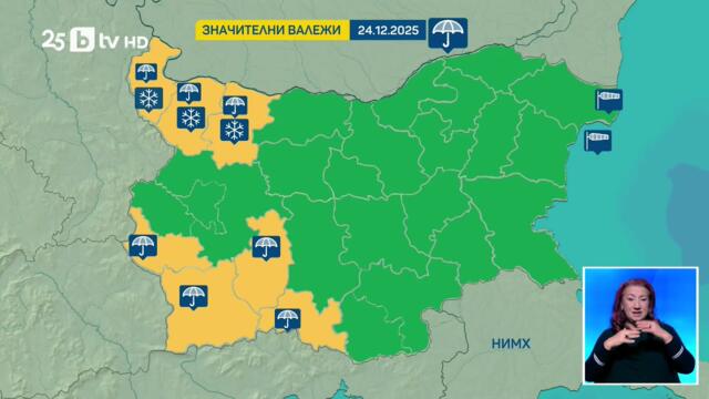 За Бъдни вечер е обявен жълт код за значителни валежи и силен вятър