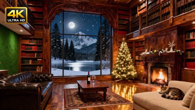 Красивая Музыка в Волшебной Библиотеке 🎄 Камин, Снежная Ночь, Полнолуние