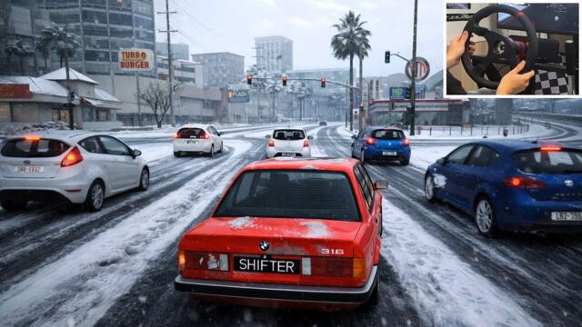 BeamNG winter drift in 100hp BMW E30 until crash...