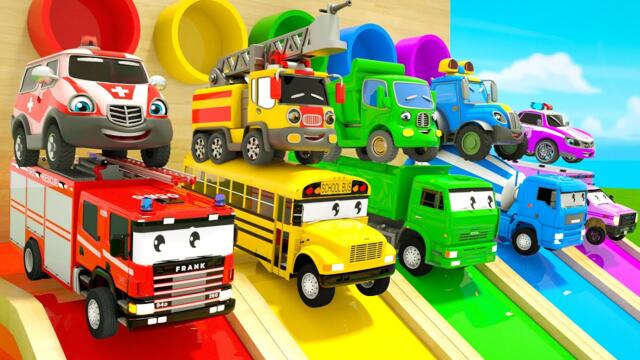 Fire Truck, School Bus & Dump Truck Color Challenge | Kids Nursery Rhymes Bingo