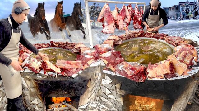 SHOCK! TRADITIONAL KAZAKH FOOD IN UZBEKISTAN | ORIGINAL BESHPARMAQ COOKING IN HEAVY SNOW| HORSE MEAT