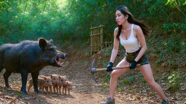 Solo Bushcraft Overnight: Rescue the Goat and a Herd of Wild Boars Caught in a Trap